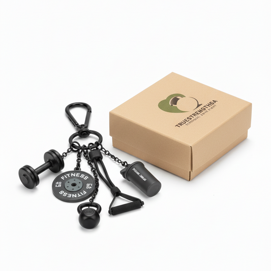 Black Fitness Keychain with Closed Kraft Packaging